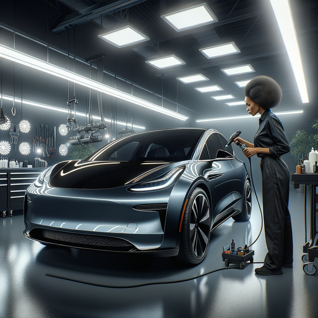 Professional Tesla detailing service with modern luxury electric vehicle in premium automotive studio